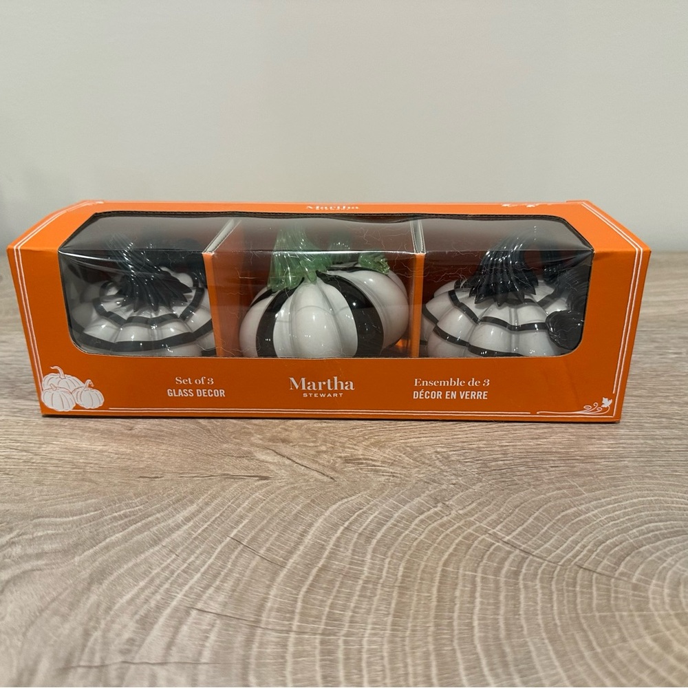Halloween Martha Stewart Black and White hand blown Glass Pumpkin Trio